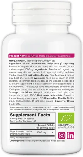 Miniatura 2 de Cápsulas orgánicas de bayas de Aronia – Suplemento de chokeberry negro con antocianinas y polifenoles naturales – Apoya el sistema inmunológico