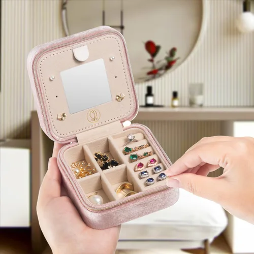 Miniatura 2 de Joyero de viaje de terciopelo de felpa, pequeño joyero de viaje, caja de joyería portátil, mini organizador de viaje, caja de almacenamiento