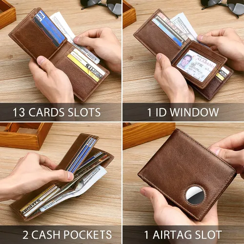 Miniatura 31 de Swallowmall AirTag Billetera para hombre con bloqueo RFID, de piel auténtica, plegable, para AirTag con 1 ventana de identificación, 13 tarjeteros