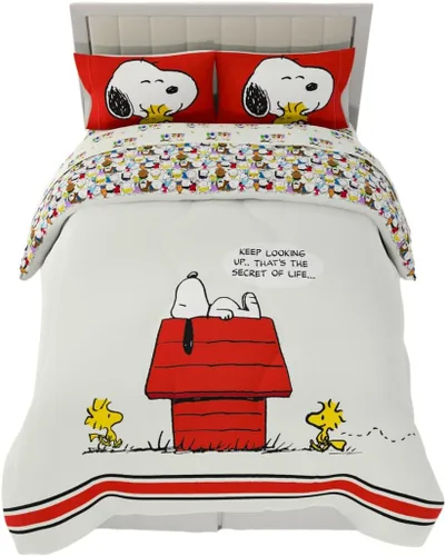 Franco Peanuts Charlie Brown & Snoopy Classic Pals - Juego de edredón y sábanas súper suaves, 5 piezas, tamaño completo, (producto oficial con Rojo
