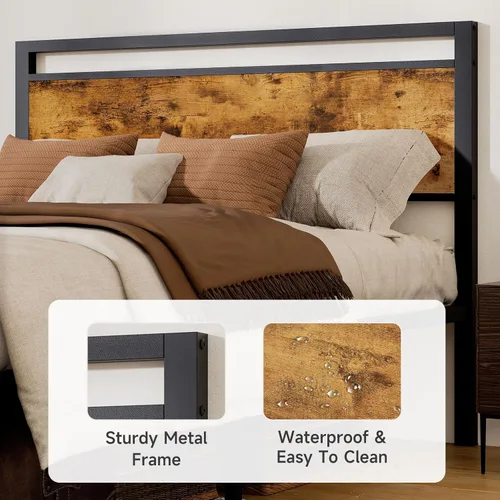 Miniatura 4 de Z-hom Cama de plataforma de metal resistente de fácil montaje, marco de cama tamaño Queen con cabecero y estribo, soporte antideslizante y Marrón