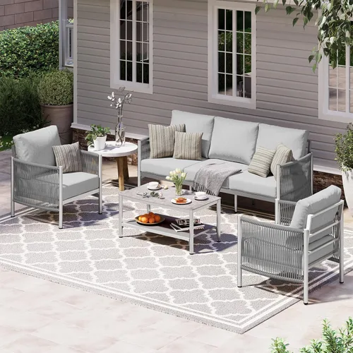 Juego de muebles de aluminio para patio al aire libre con mesa de centro de doble capa, juegos de conversación de patio modernos de 4 piezas con