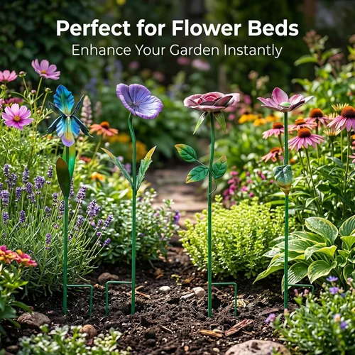 Miniatura 7 de Juego de 4 estacas de metal grandes de 28.5 pulgadas de alto para decoración de jardín, juego de 4, adornos de arte de selección de plantas, estaca