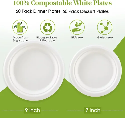Miniatura 2 de ECOLipak Paquete de 120 platos de papel compostables, platos de papel desechables resistentes de 9 pulgadas y 7 pulgadas, caña de azúcar ecológica
