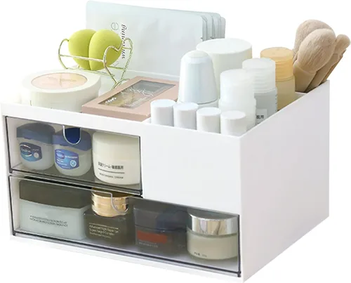 MILULUGO Organizador de maquillaje con 2 cajones, organizador de escritorio, 4 compartimentos, caja de almacenamiento de cosméticos para esmalte de