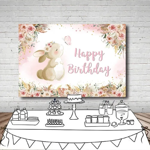 Miniatura 4 de MEHOFOND Telón de fondo floral de cumpleaños para niñas, acuarela, bohemio, flores, conejo, día de Pascua, fotografía de fondo, pancarta de feliz