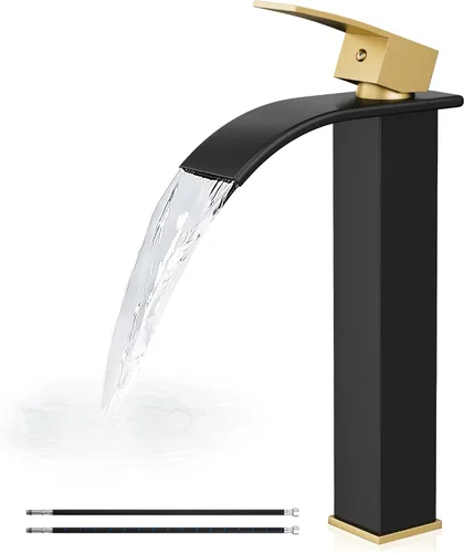 Airuida - Grifo de cascada para baño, grifo de lavabo alto para mueble de baño, en negro mate y oro cepillado, moderno, con un solo agujero, manija