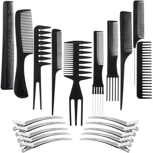 Boao Juego de 20 peines profesionales para peinar el cabello con clips de metal, peines de dientes anchos y finos, pinzas de pico de pato para Negro