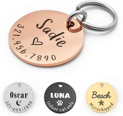 Etiquetas de identificación para mascotas personalizadas con símbolos encantadores, etiquetas para perros y gatos grabadas a medida en acero Oro rosa