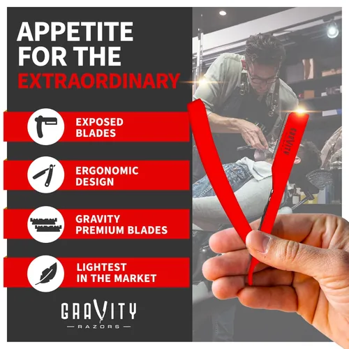 Miniatura 3 de GRAVITY RAZORS Kit profesional de maquinilla de afeitar recta, exposición mínima, incluye 10 cuchillas premium, 0.020 in expuestas, rojo