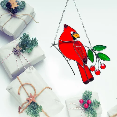Miniatura 5 de Adornos de pájaros rojos, atrapasoles de vitral, colgante de vitrales cardenales, decoración cardenal para inauguración de la casa, regalos