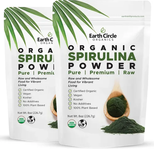 Earth Circle Organics Espirulina en polvo, Kosher, cruda y no irradiada | Proteína vegana pura | Superalimento energético premium, alto en
