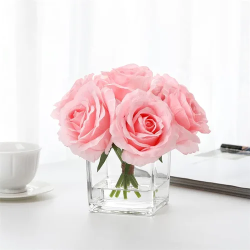 Miniatura 2 de 7 rosas artificiales de tallo grande en jarrón, rosa falsa con flores falsas en jarrón para decoración del hogar, mesa de boda (rosa)