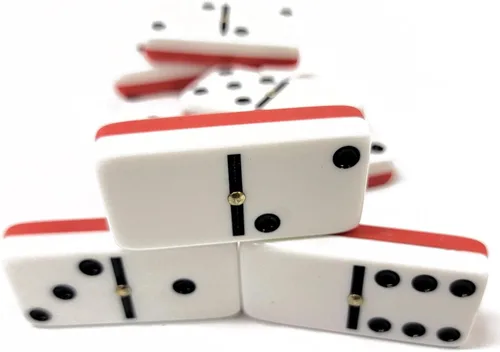 Miniatura 3 de Marion Dominó doble 6 rojo y blanco de dos tonos, tamaño de torneo jumbo profesional con giradores, en elegante caja de terciopelo negro. Dos tonos
