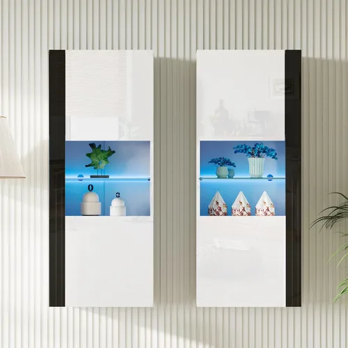 Miniatura 9 de AMERLIFE Armarios de almacenamiento de pared con luces LED, armarios colgantes modernos de alto brillo con 4 puertas cerradas y estantes de vidrio