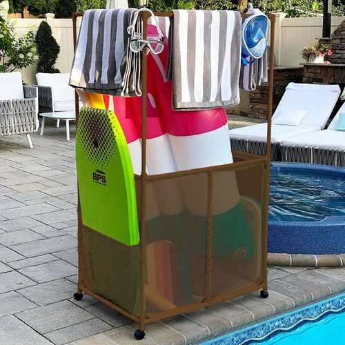 Miniatura 6 de Soporte para equipo de piscina con barras de secado de toallas, organizador de almacenamiento multiusos con ruedas de malla, colgador de toallas