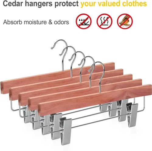 Miniatura 5 de TOPIA HANGER CT07P - Paquete de 10 perchas de madera natural de cedro rojo americano para pantalones de pantalones con clips ajustables antiarrugas