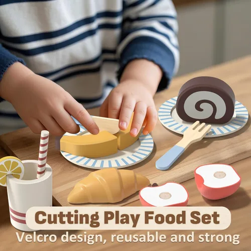 Miniatura 3 de Lehoo Castle Juego de comida de madera para jugar, comida de juguete para niños pequeños de 1 a 3 años, accesorios de cocina, juguetes de cortar