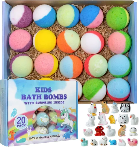Set de regalo de bomba de baño con juguetes en el interior, paquete de 20 bombas de baño orgánicas para niños, bolas gaseosas hechas a mano seguras