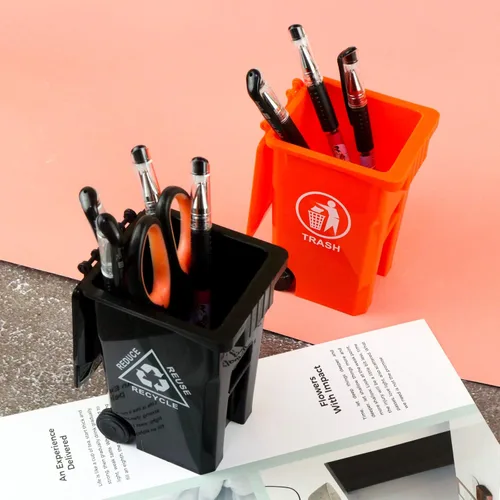 Miniatura 5 de Wiosi Mini soporte para bolígrafos de basura para escritorio y pequeño contenedor de reciclaje, negro y naranja, paquete de 2