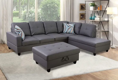 Lifestyle Furniture Juego de sofá de lujo ligero para sala de estar, juego de tres piezas, sofá de cuero artificial, silla otomana de