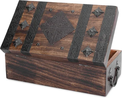 Miniatura 10 de Ajuny Cofre del tesoro de madera hecho a mano, caja de recuerdo vintage y joyería con tiras de concha, almacenamiento de regalo multiusos