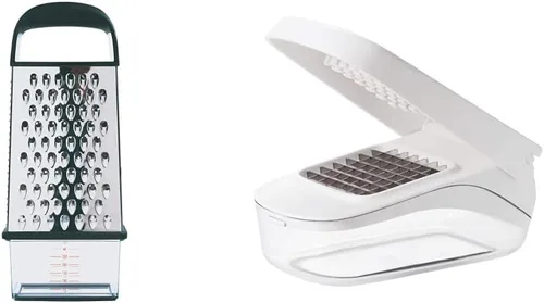 OXO Good Grips - Rallador de caja plateado, 1 EA and OXO Good Grips Picador de verduras y cebollas con apertura fácil de verter, color blanco