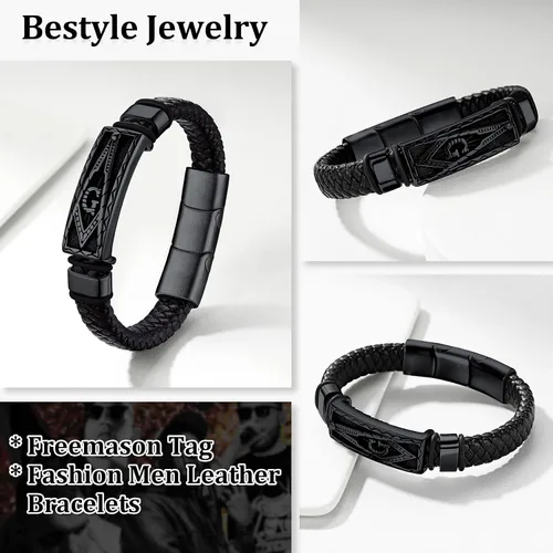 Miniatura 4 de Bestyle Pulseras vikingas trenzadas de cuero genuino para hombres y niños, pulseras vintage de martillo de Thorcalaveramasónico masón con cierre,