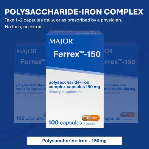 Miniatura 4 de MAJOR Ferrex-150 cápsulas complejas de polisacárido y hierro de 150 mg suplemento de hierro para mujeres y hombres - Suave con el estómago - 100