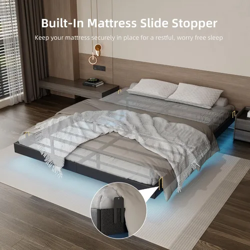 Miniatura 7 de Base de cama flotante de tamaño matrimonial con luces LED y estación de carga, marco de cama de plataforma de metal sintético negro, fácil montaje