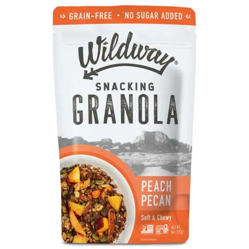 Wildway Granola Keto | Nuez de durazno | Cereal certificado sin gluten, sin granos, vegano, bajo en carbohidratos | Sin azúcar añadido | Apto para