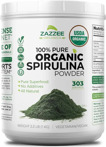 Zazzee USDA - Polvo de espirulina orgánica de 2.2 libras (2.2 lbs), 303 porciones, 100% puro y no irradiado, vegano, totalmente natural y sin OMG,