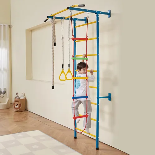 Miniatura 8 de VEVOR Gimnasio interior de la selva para niños pequeños, juego de escalada 5 en 1 con escalera sueca de acero al carbono, escalera de pared, barra
