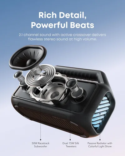 Miniatura 3 de Soundcore Boom 2 de Anker, altavoz para exteriores, 80 W, subwoofer, BassUp 2.0, tiempo de reproducción de 24 horas, IPX7 impermeable, flotante