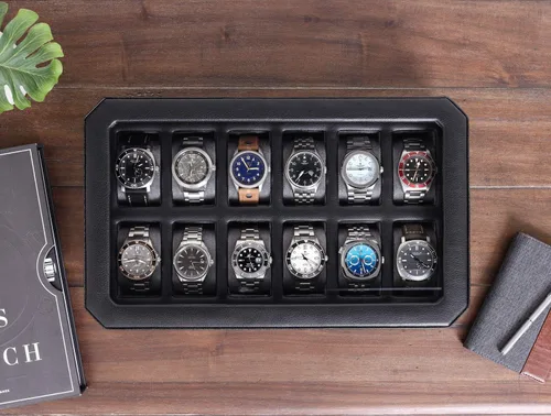 Miniatura 3 de ROTHWELL Caja de reloj de cuero con 12 ranuras para hombre, organizador de exhibición de lujo para relojes, forro de microgamuza, soporte
