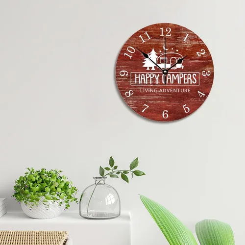 Miniatura 4 de ArogGeld Reloj de pared para campistas, casa rodante, Happy Camping, color rojo, rústico, estilo granero, de 10 pulgadas, silencioso, redondo