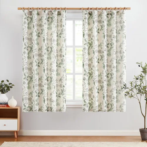 Miniatura 2 de Jinchan Cortinas de lino para sala de estar de 63 pulgadas de largo, con estampado de hojas tropicales, cortinas botánicas de lino estilo rústico