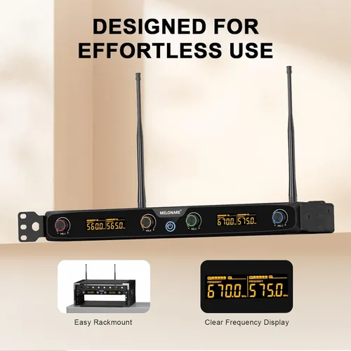 Miniatura 6 de MELONARE Sistema de micrófono inalámbrico de 4 canales, juego de micrófono inalámbrico UHF para montaje en rack con 4 frecuencias de 10, rango