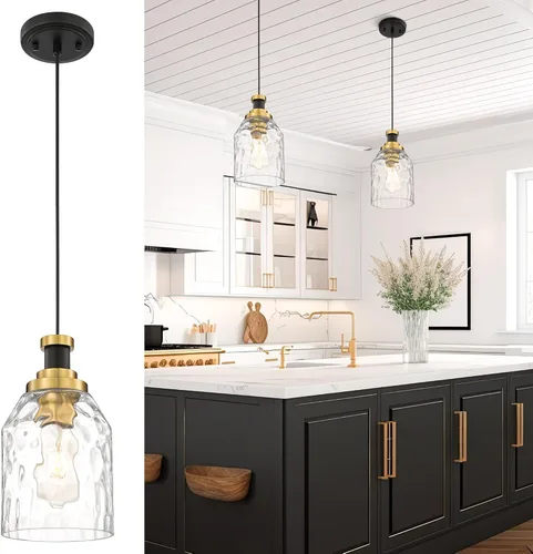 Miniatura 26 de Zeyu Lámpara Colgante Moderna de Oro, Lámpara Colgante de Vidrio de 1 Luz para Cocina y Comedor, Soporte de Vidrio Transparente, Acabado en Negro