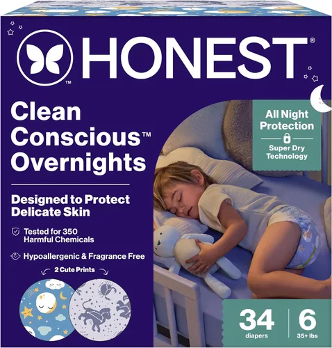 Miniatura 15 de The Honest Company Pañales Comfort Dry para la noche, protección de hasta 12 horas, hipoalergénicos, acogedores carteles de nube + estrellas