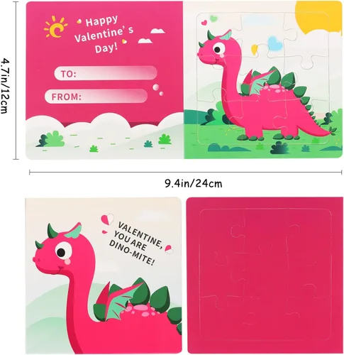 Miniatura 2 de Rompecabezas del día de San Valentín para niños, paquete de 27 tarjetas de rompecabezas de dinosaurio con sobres y calcomanías a granel