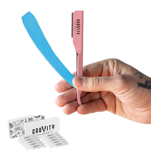 Miniatura 16 de Kit de navaja de afeitar recta profesional GRAVITY RAZORS – Ultra Exposición, incluye 10 cuchillas premium, 2 mm expuestas, blanco