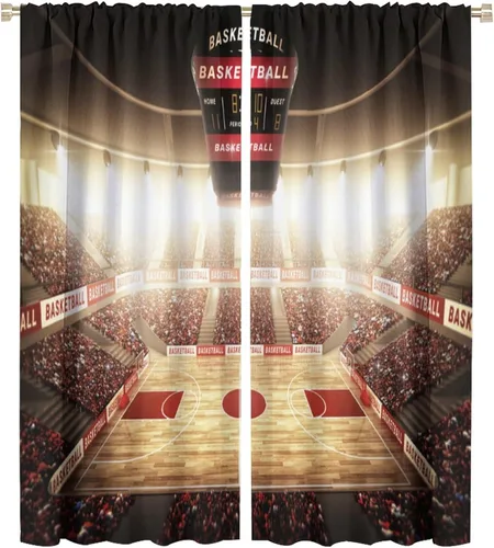 Miniatura 24 de Cortinas deportivas de baloncesto para niños, patrón de llama de bola 3D naranja, 42 pulgadas de ancho x 45 pulgadas de largo