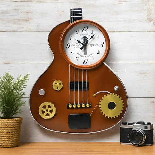 Miniatura 6 de Reloj de pared para guitarra, reloj retro en forma de guitarra de metal marrón con engranajes, silencioso sin tictac, decoración de sala de música
