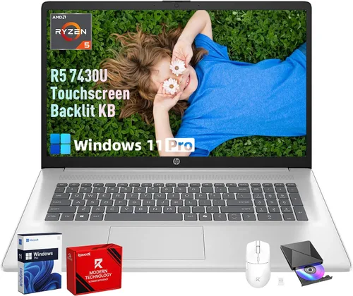 HP Computadora portátil con pantalla táctil 17.3, pantalla antirreflejos de 17.3 pulgadas y 250 nits, Ryzen 5 7430U (hasta 4.3 GHz), teclado