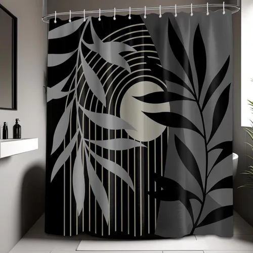 Miniatura 31 de Cortina de ducha bohemia en negro y gris, cortinas de ducha modernas de mediados de siglo negro y gris para baño, juego de tela impermeable