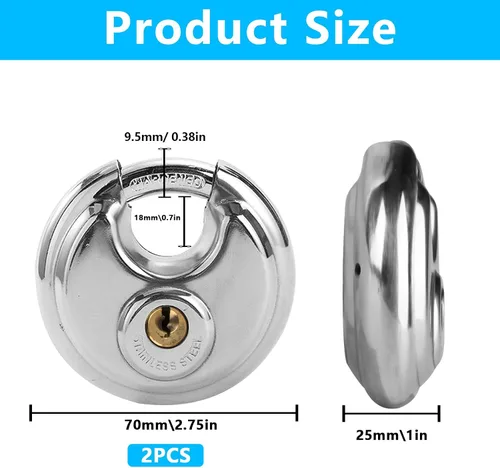 Miniatura 2 de Cerradura de disco para unidad de almacenamiento, candados con llave de 2-3/4 pulgadas, bloqueo de disco de acero inoxidable resistente, cerraduras