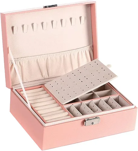 NuAngela Joyero organizador grande para mujeres y niñas, estuche de almacenamiento de joyas de 2 capas, soporte de joyería de piel sintética con