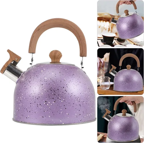 Miniatura 3 de Tetera de té silbante, hervidor de agua de acero inoxidable con mango de madera, cubierta de boquilla de bloqueo, camping para inducción de gas