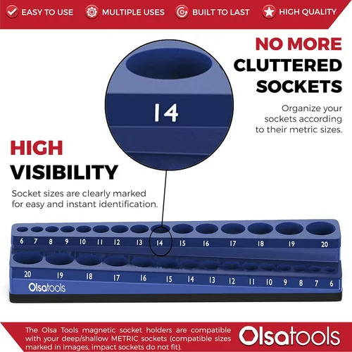 Miniatura 2 de Olsa Tools Soporte magnético para vasos Drive de 3/8 pulgadas Métrico Azul Capacidad para 30 vasos Organizador de herramientas de calidad